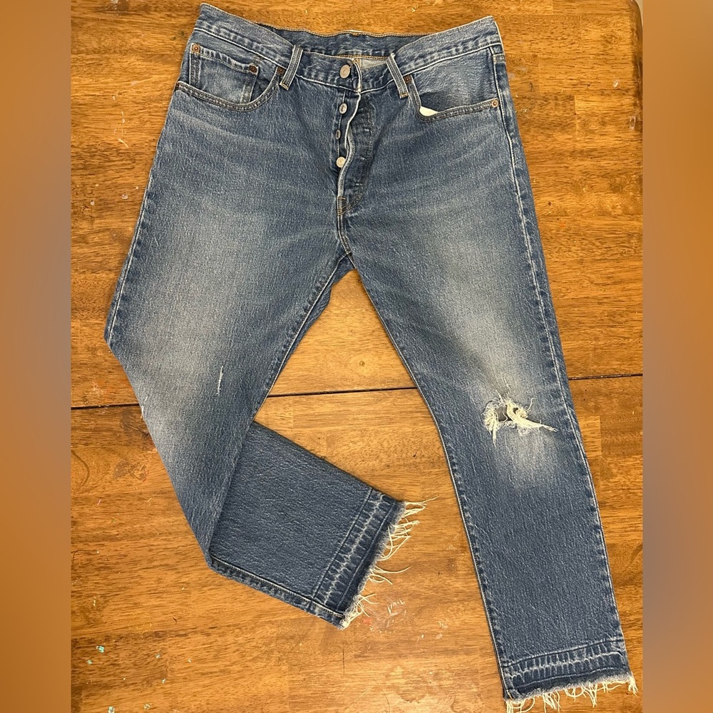 Levi’s 501 XX Classic Blue Cropped Stretch Distressed Jeans